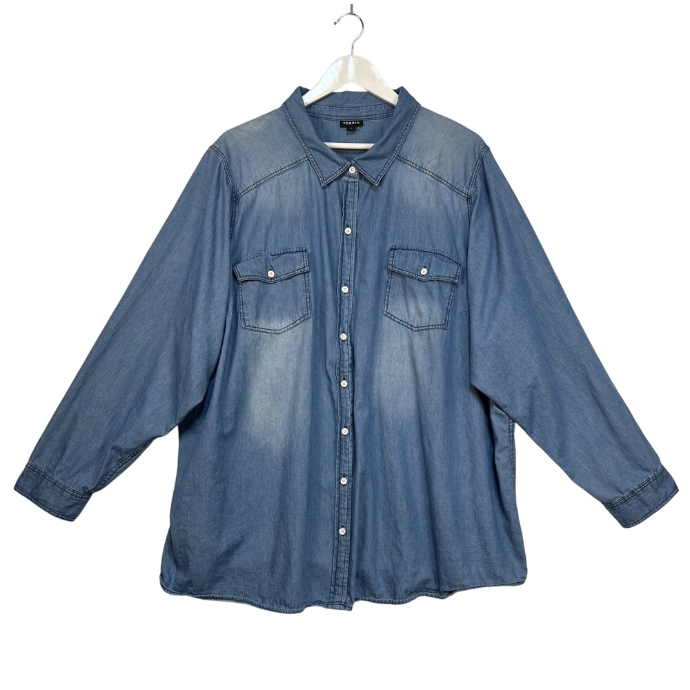 Torrid Blue Denim Chambray Shirt Women Size 5 Plus Button Up Long Sleeve Cotton